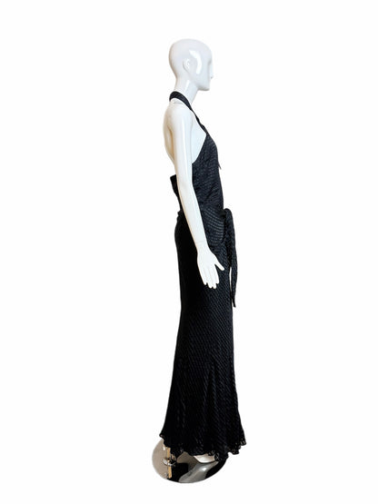 GALLIANO Vintage Black Silk Blend Textured Jacquard Halter Neck Evening Gown