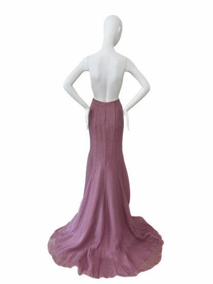 BADGLEY MISCHKA Silk Mauve Ethereal Maxi Train Skirt Sample Piece