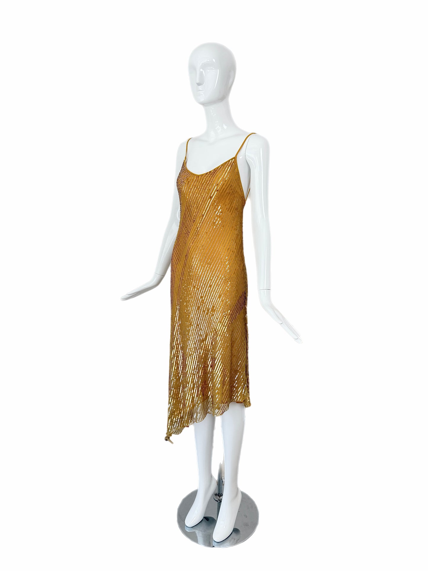 LA PERLA Vintage Marigold Embellished Slip Dress w. Sequin Shawl