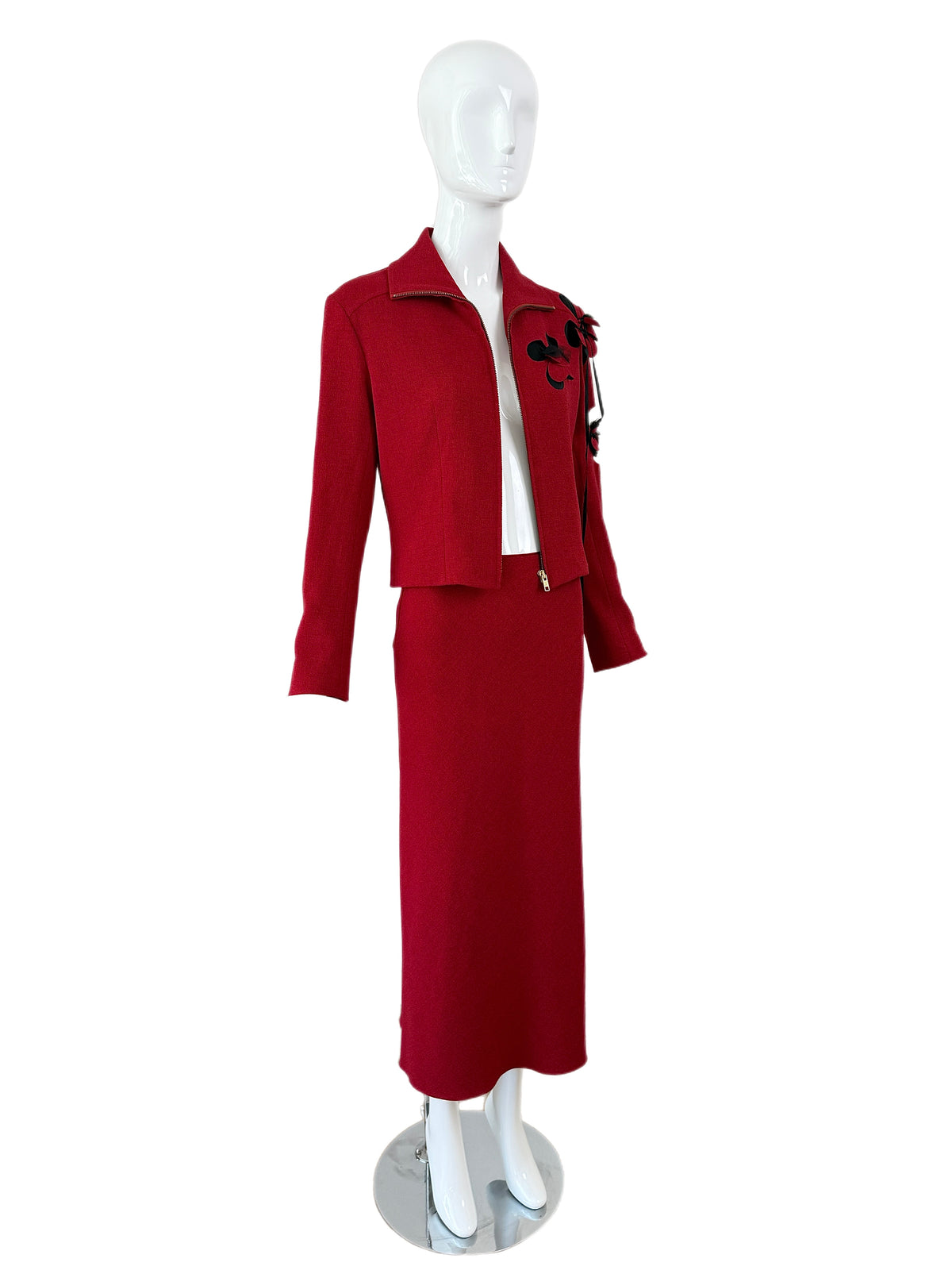 John Galliano 2001 Vintage Crimson Red Floral Motif Skirt Suit