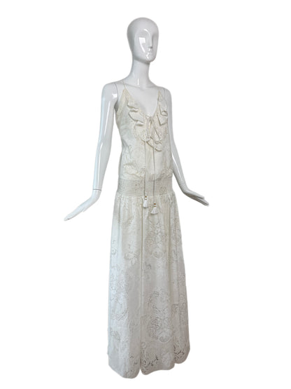 ROBERTO CAVALLI 2016 White Blouson Maxi Dress w. Hand Painted Gold Design