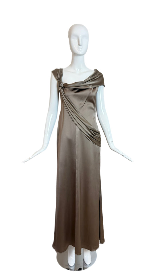 VALENTINO Vintage Silk Crystal Embellished Pewter Evening Gown