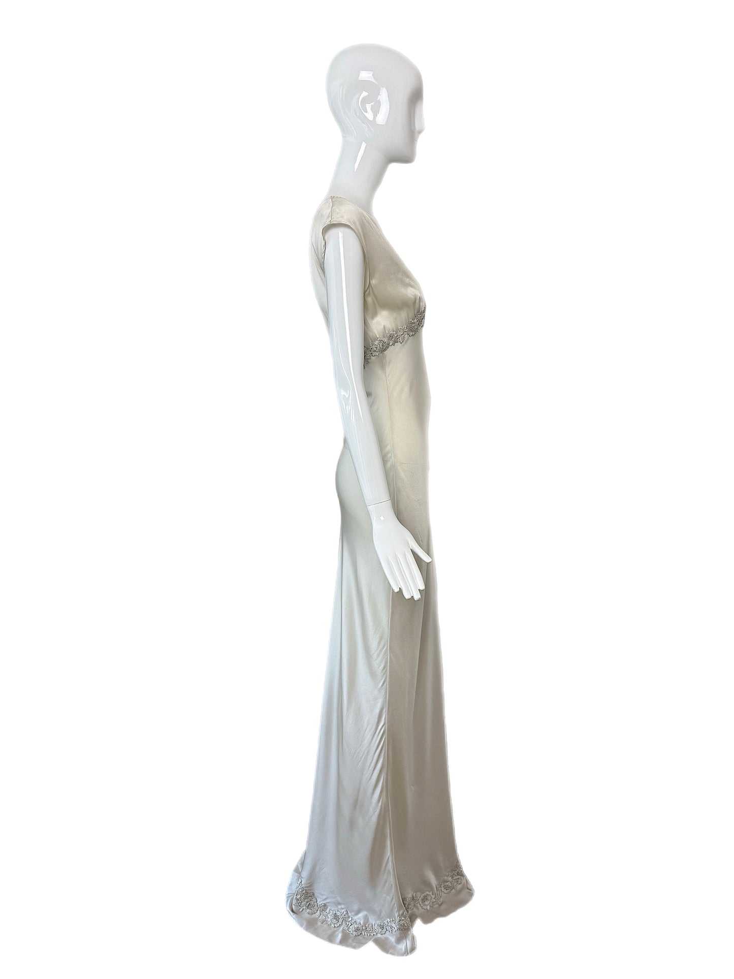 LES HABITUDES 90's Vintage Silver Grey Satin Floral Hand Beaded Gown