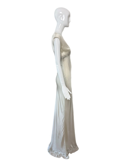 LES HABITUDES 90's Vintage Silver Grey Satin Floral Hand Beaded Gown