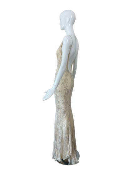 LES HABITUDES 90's Vintage Couture Vanilla Cream Beaded Silk Wedding Gown w. Shawl
