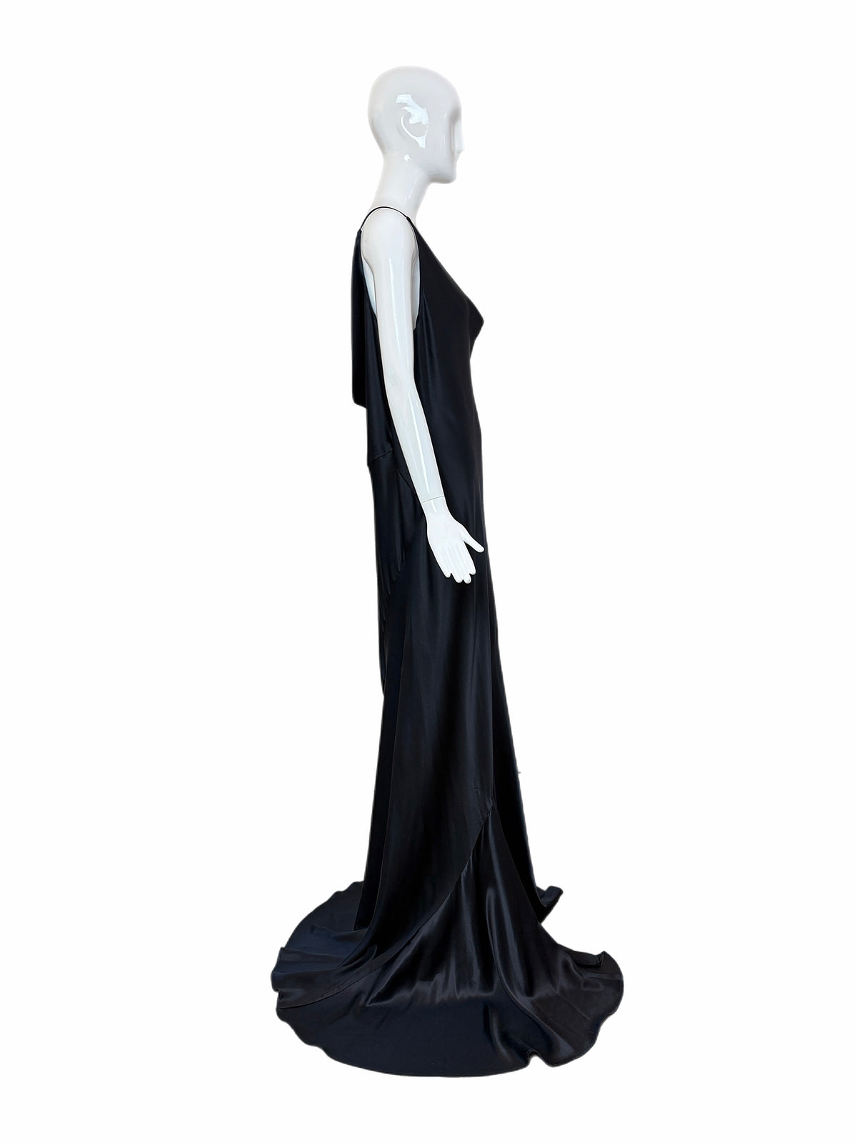 Les Habitudes 90's Vintage Black Liquid Satin Cowl Neck Evening Gown w. Train