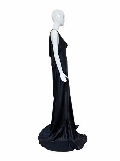 Les Habitudes 90's Vintage Black Liquid Satin Cowl Neck Evening Gown w. Train