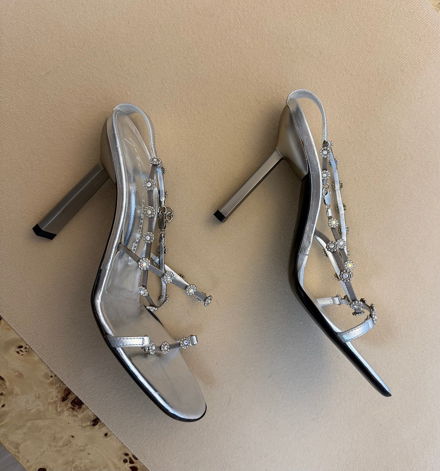 GIUSEPPE ZANOTTI 90's Vintage Silver Crystal Flower Chain Strap Sandals