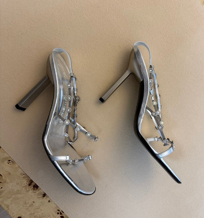 GIUSEPPE ZANOTTI 90's Vintage Silver Crystal Flower Chain Strap Sandals