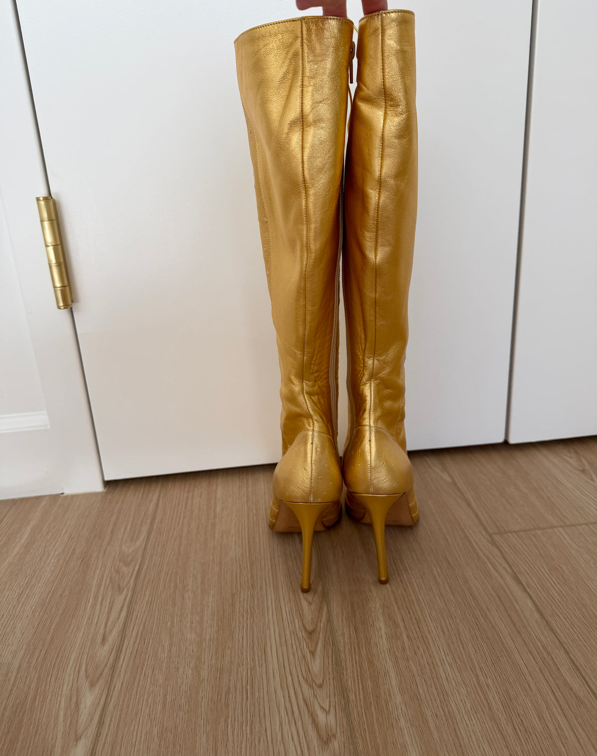 DIOR by JOHN GALLIANO 2000 Vintage Gold Leather Embossed Ostrich Print Lace Up Boots