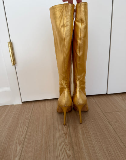 DIOR by JOHN GALLIANO 2000 Vintage Gold Leather Embossed Ostrich Print Lace Up Boots