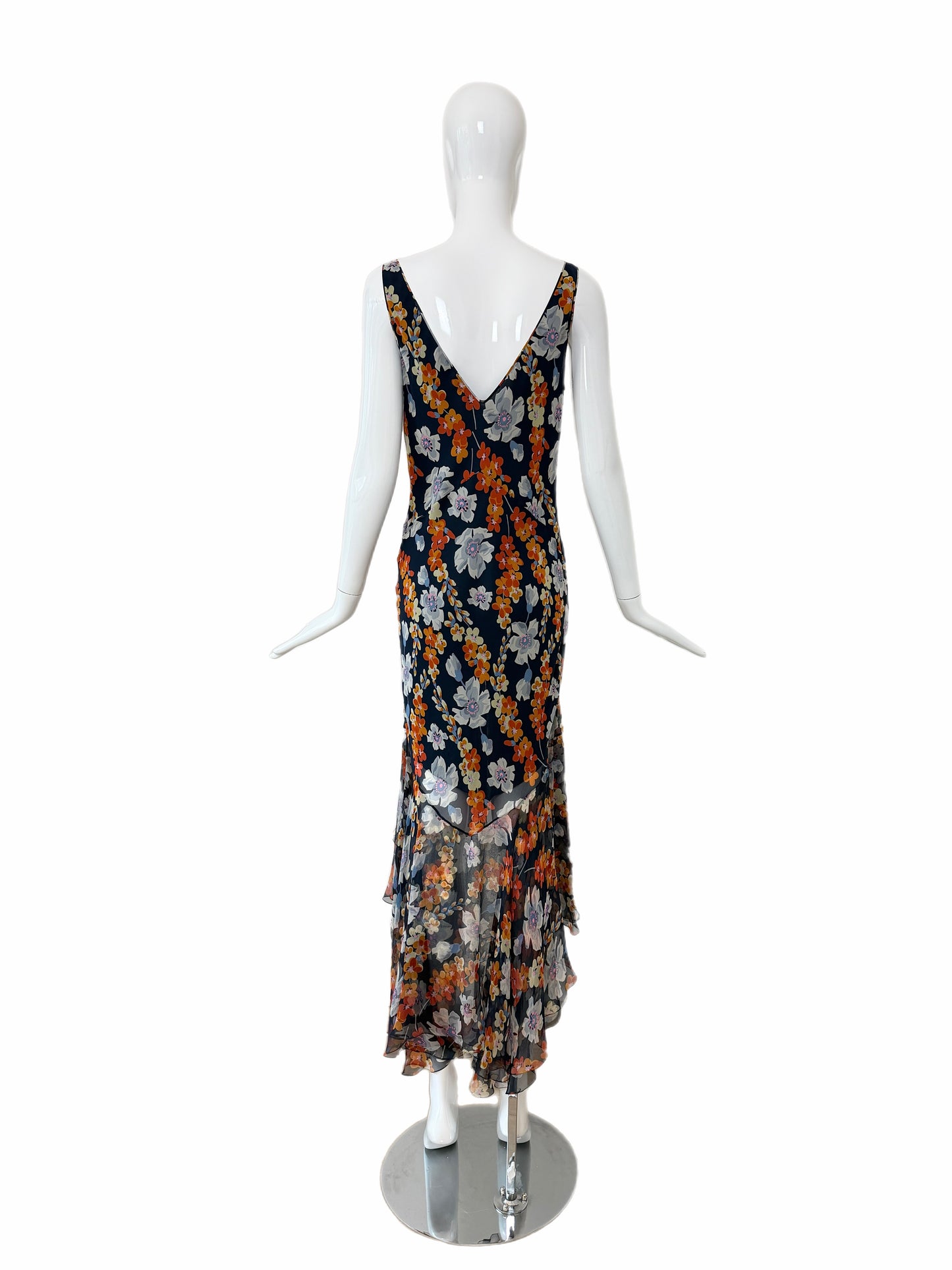 JOHN GALLIANO 2004 Vintage Silk Navy Floral Ruffle Maxi Dress