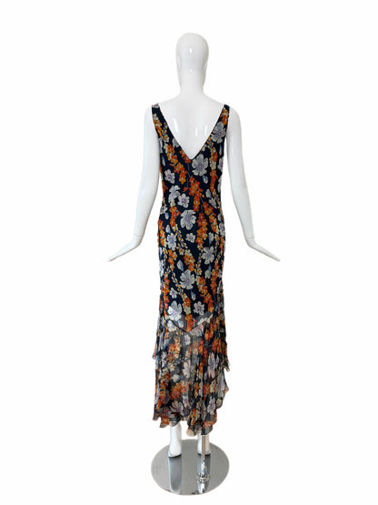 JOHN GALLIANO 2004 Vintage Silk Navy Floral Ruffle Maxi Dress
