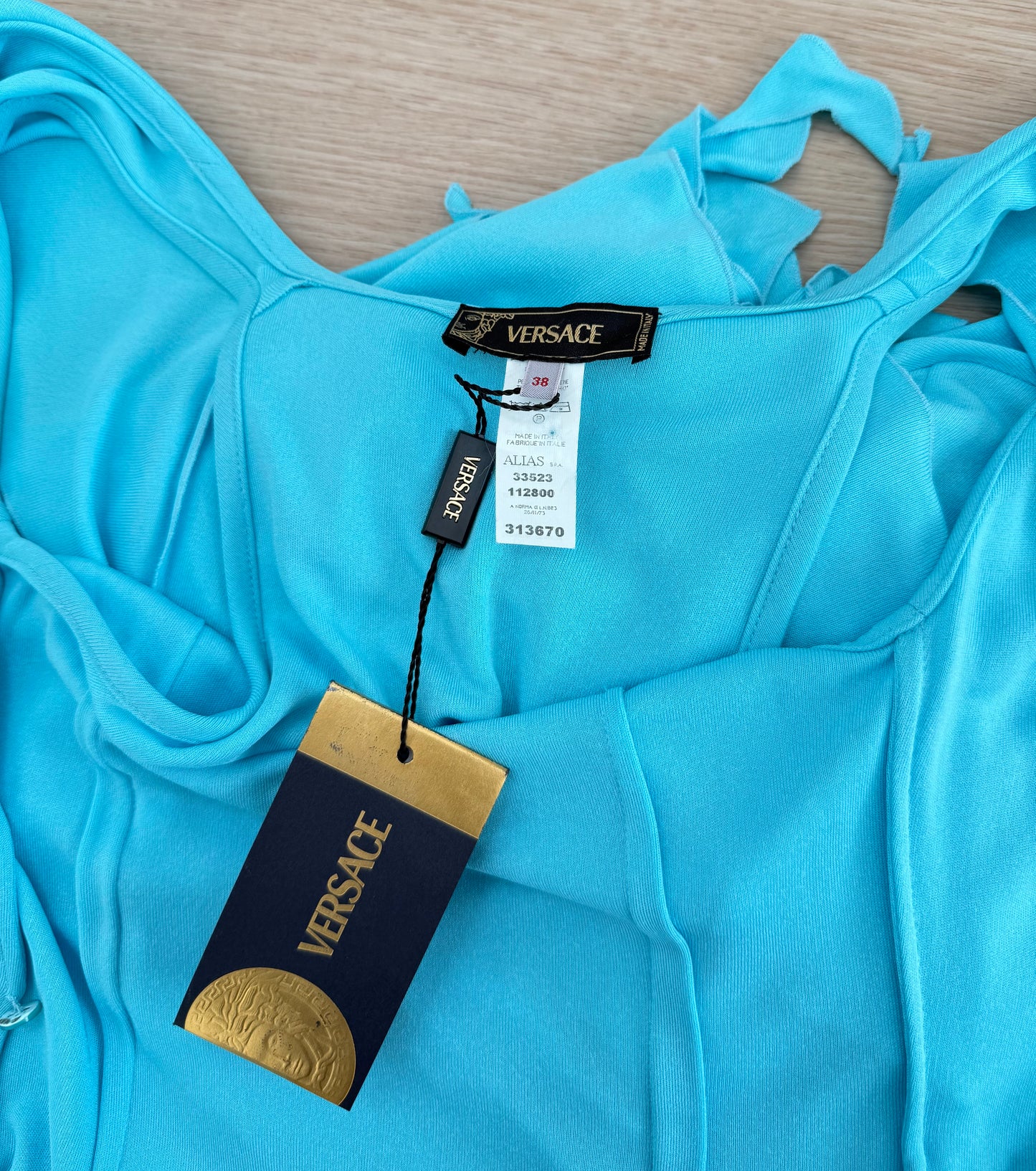 VERSACE 2004 Vintage Aqua Blue Ruffle Wrap Dress