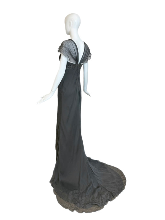 J. MENDEL Vintage Grey Silk Evening Gown w. Long Train