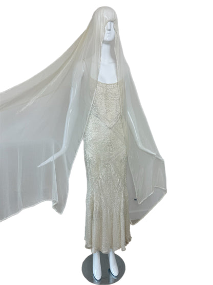 LES HABITUDES 90's Vintage Couture Ivory White Silk Beaded Dress w. Shawl