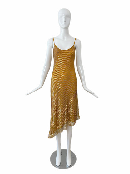 LA PERLA Vintage Marigold Embellished Slip Dress w. Sequin Shawl