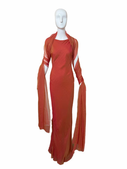 DANES 90'S Vintage Orange Ombre Evening Gown w. Shawl