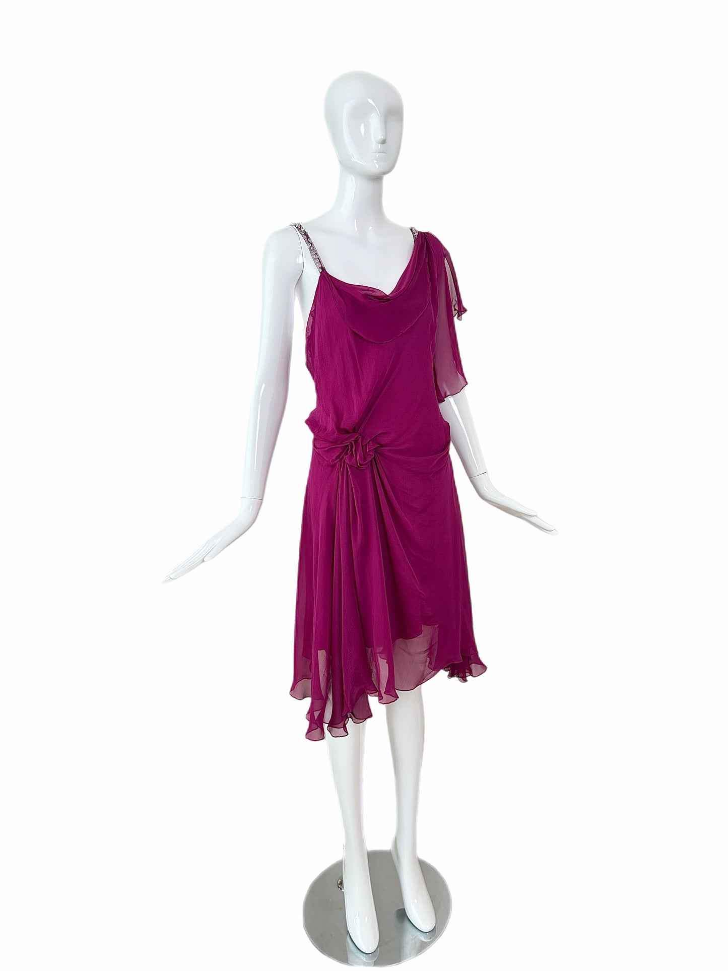 PHILOSOPHY DI ALBERTA FERRETTI Vintage Silk Jewel Encrusted Backless Fuchsia Dress