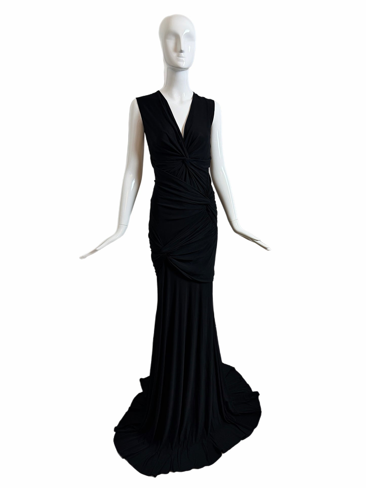 DONNA KARAN Vintage Black Ruched Extra Long Open Back Evening Gown