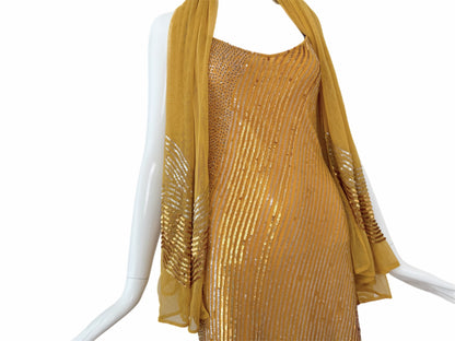 LA PERLA Vintage Marigold Embellished Slip Dress w. Sequin Shawl