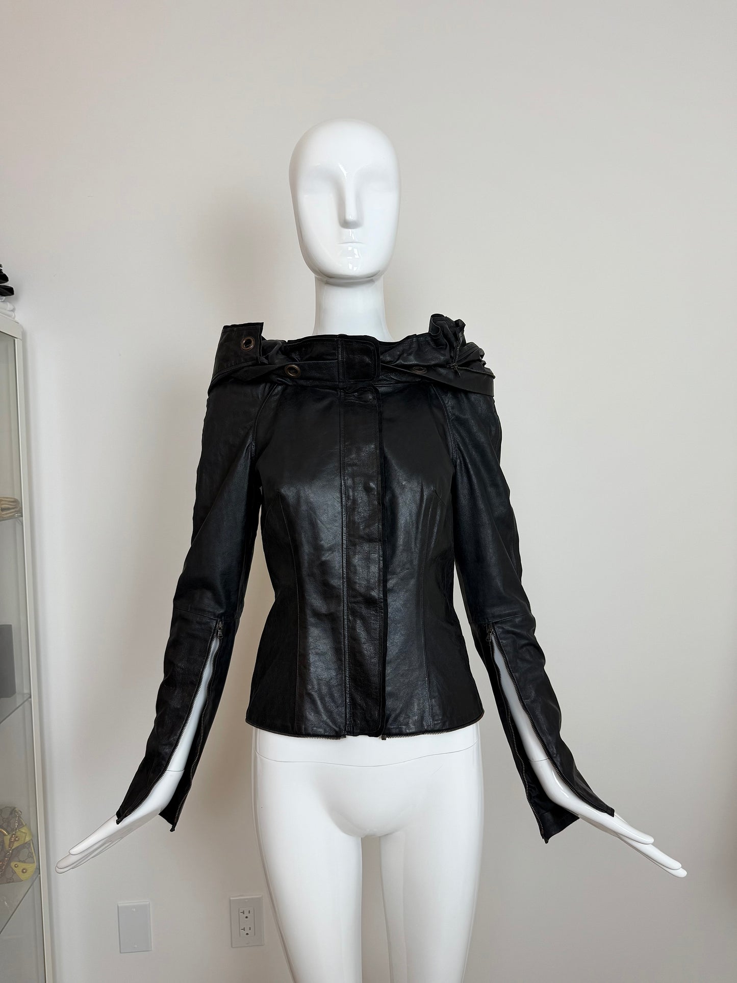OLIVIER THEYSKENS 2001 Vintage Runway Short Black Leather Jacket