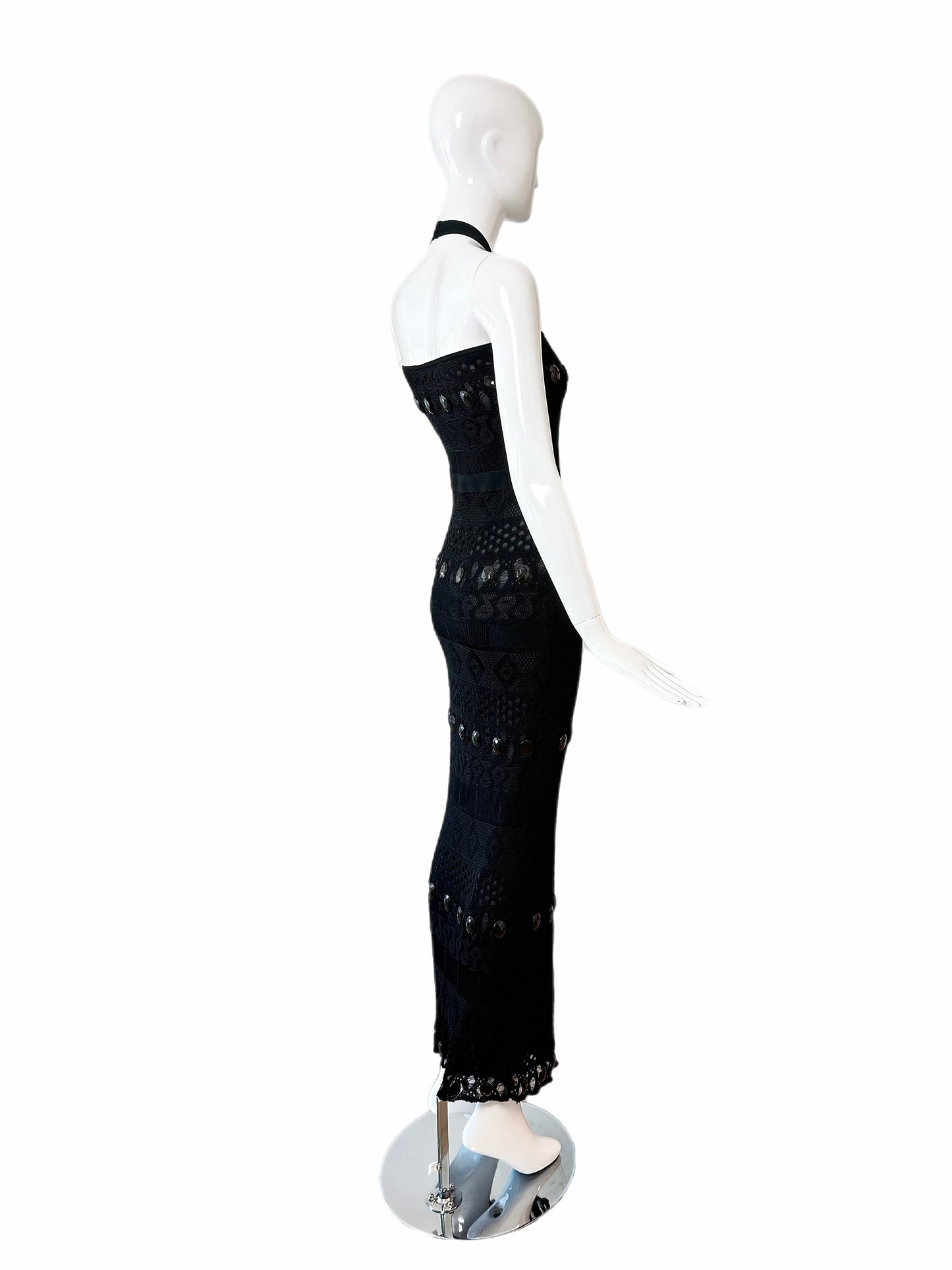 HERVE LEGER 90's Vintage Black Crystal Halter Wiggle Maxi Dress