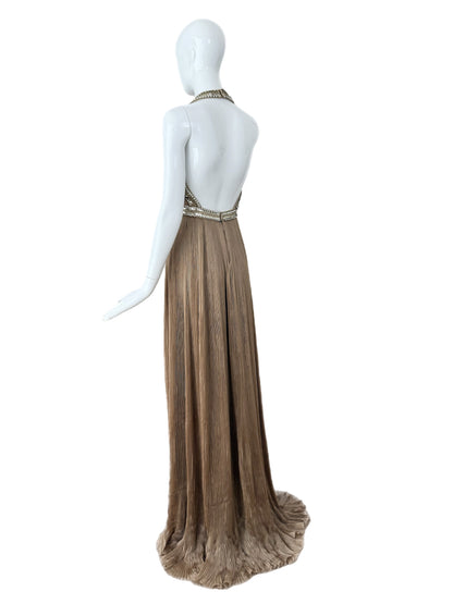 ROBERTO CAVALLI 2000's Vintage Taupe Plissé Grecian Embellished Evening Gown