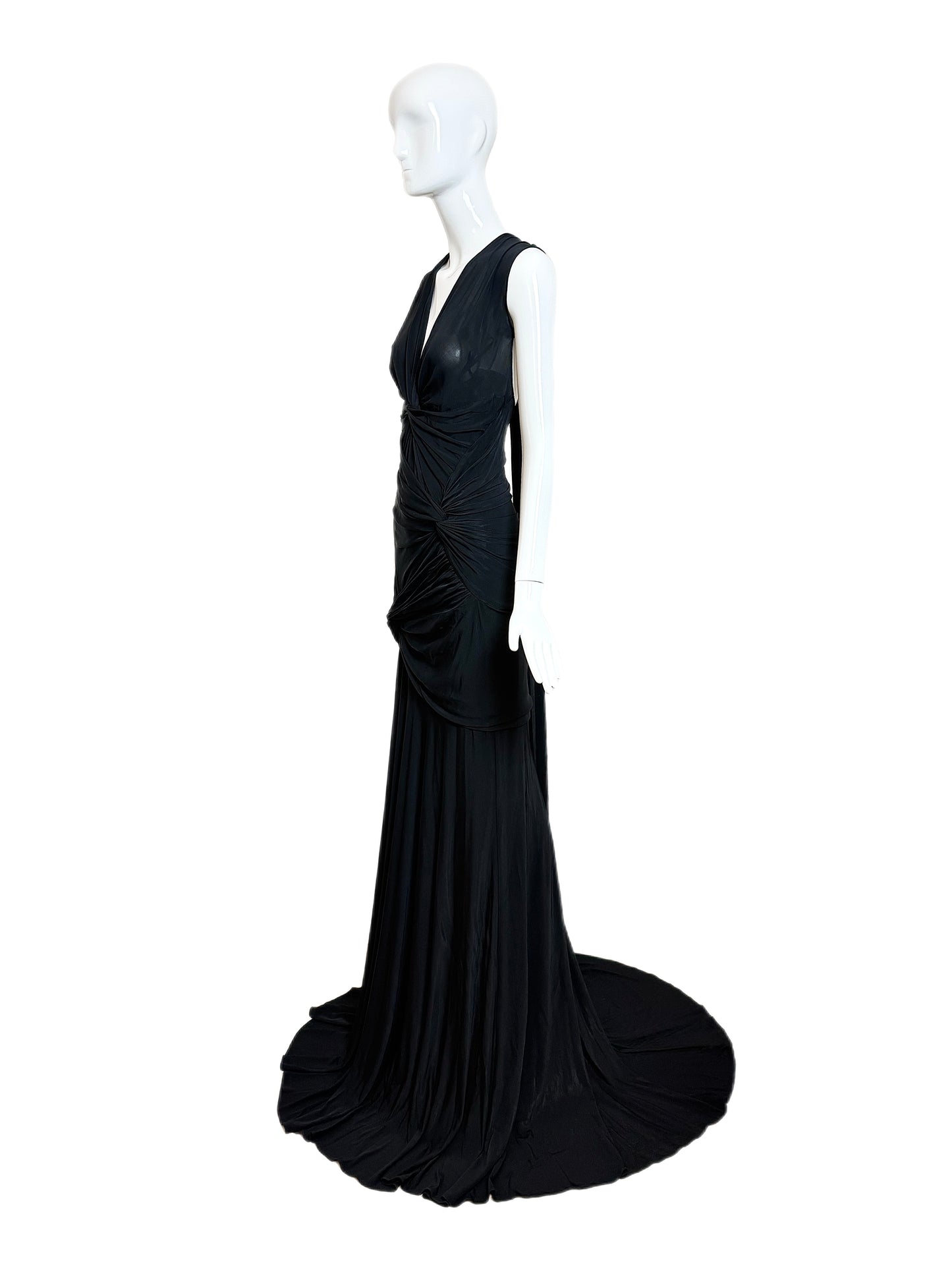 DONNA KARAN Vintage Black Ruched Extra Long Open Back Evening Gown