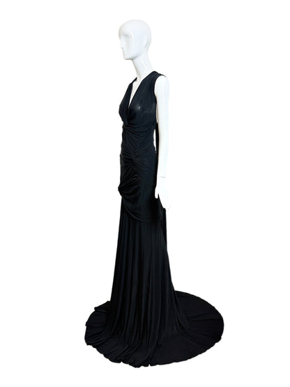 DONNA KARAN Vintage Black Ruched Extra Long Open Back Evening Gown