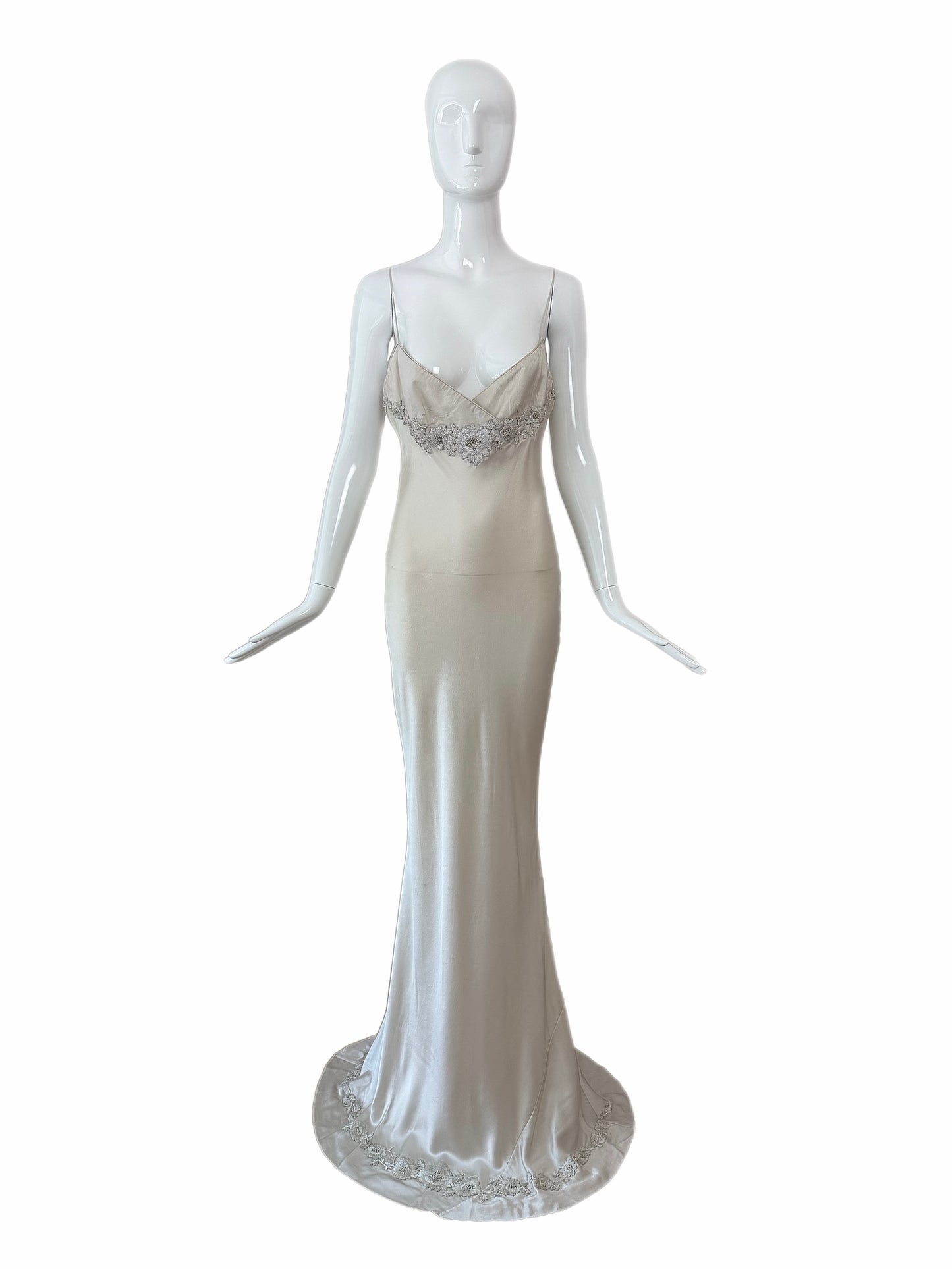 LES HABITUDES 90's Vintage Silver Grey Beaded Floral Slip Gown
