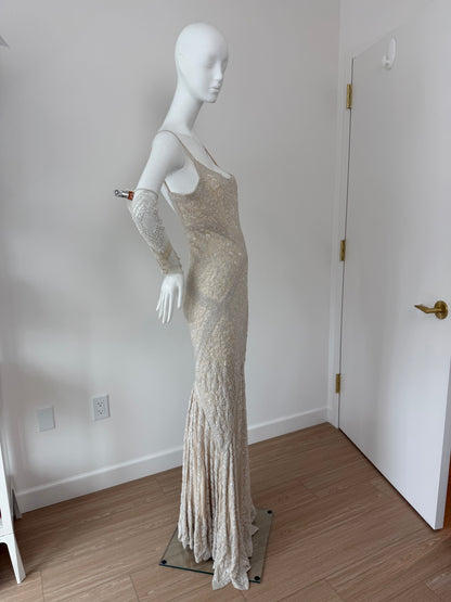 LES HABITUDES 90's Vintage Couture Hand-Beaded w. Pearls Silk Bridal Gown w. Gloves