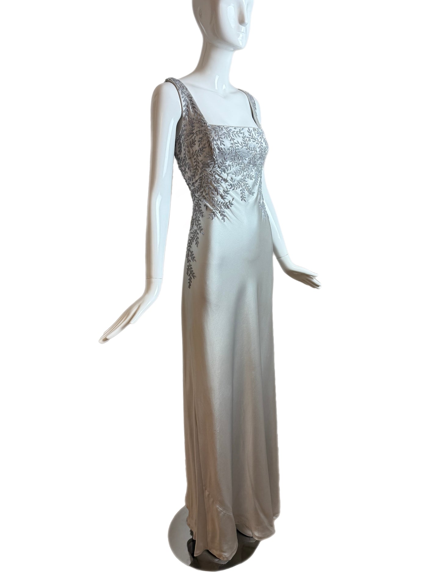 CARMEN MARC VALVO 90's Vintage Silver Beaded Evening Gown