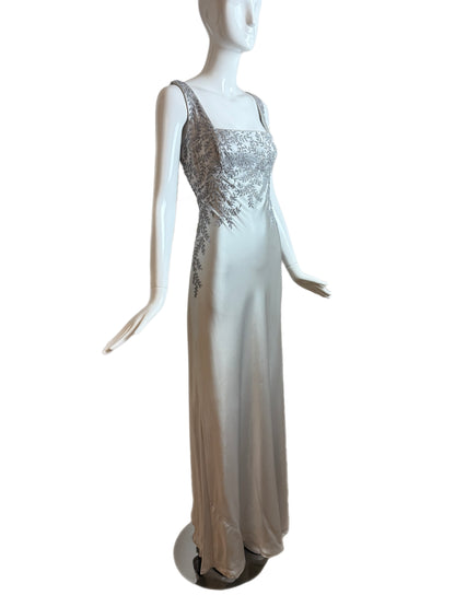 CARMEN MARC VALVO 90's Vintage Silver Beaded Evening Gown