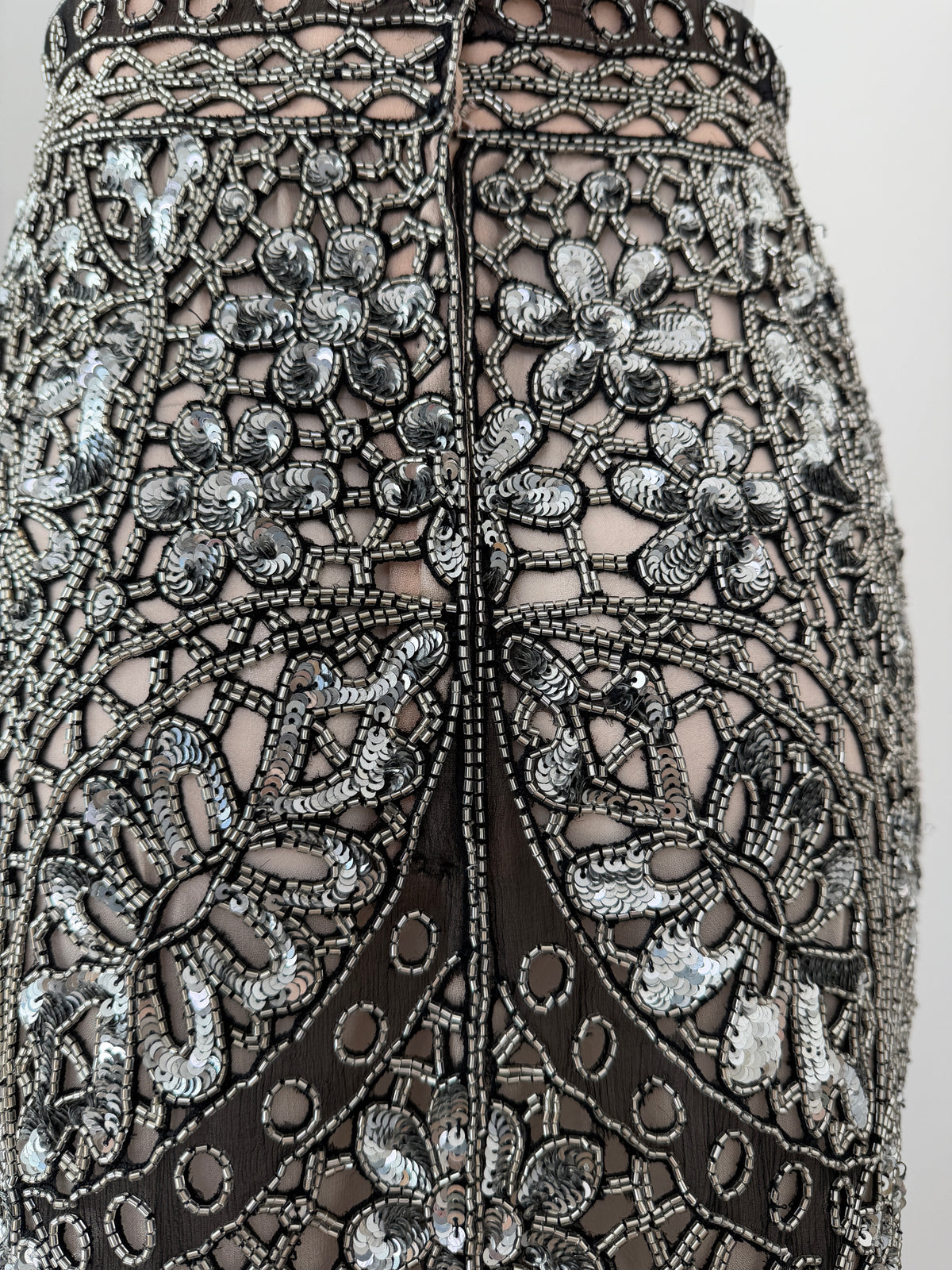 Eavis & Brown Vintage Hand-Beaded Silk Silver Embellished Skirt Set