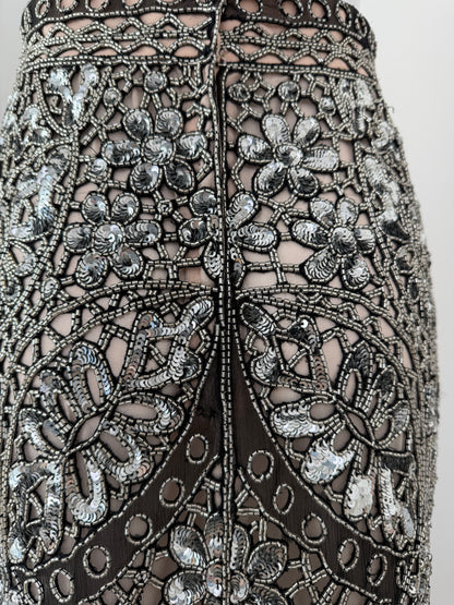 Eavis & Brown Vintage Hand-Beaded Silk Silver Embellished Skirt Set