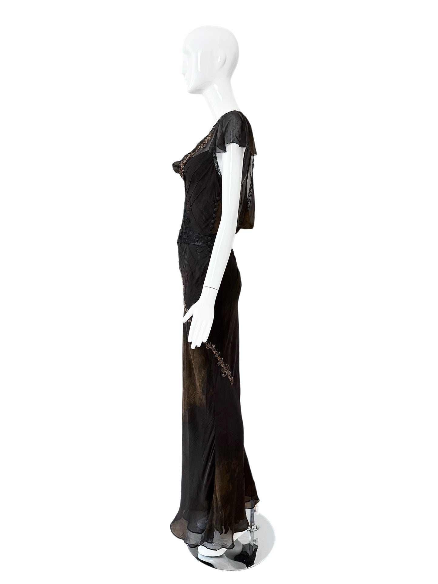 JOHN GALLIANO 2006 Vintage Runway Silk Bias Cut Metal + Lace Embellished Evening Gown