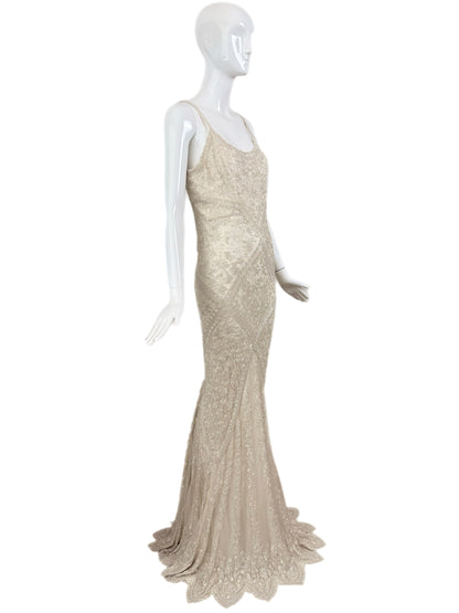 LES HABITUDES 90's Vintage Couture Ivory Iridescent Silk Hand-Beaded Evening Gown