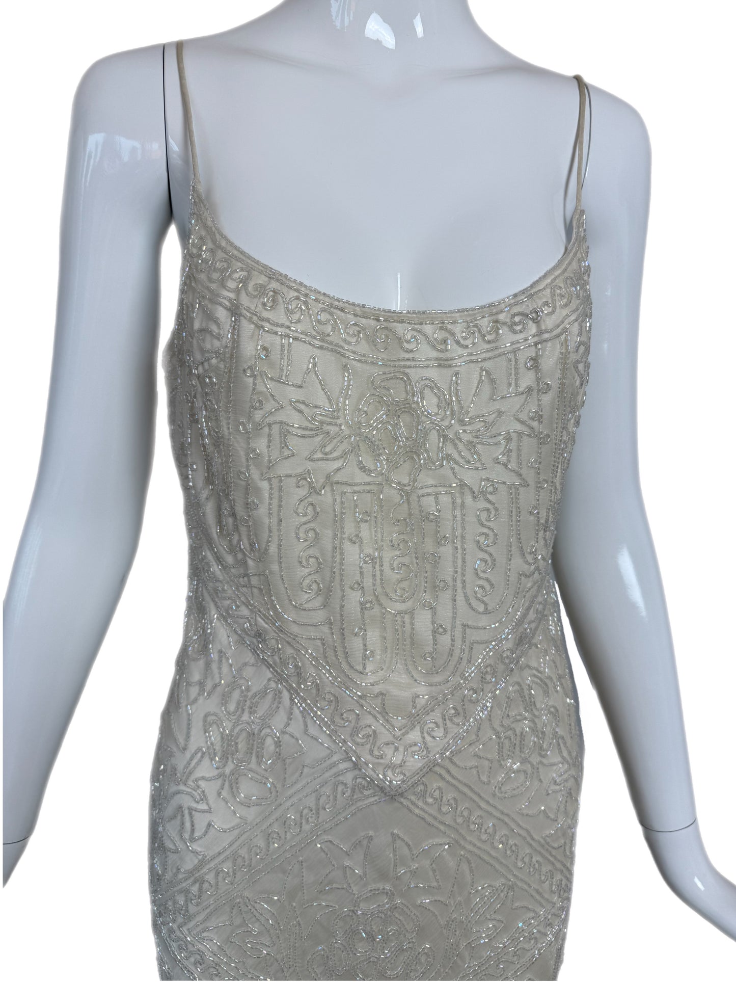 LES HABITUDES 90's Vintage Couture Ivory White Silk Beaded Dress w. Shawl