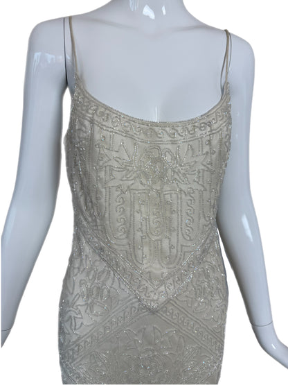 LES HABITUDES 90's Vintage Couture Ivory White Silk Beaded Dress w. Shawl