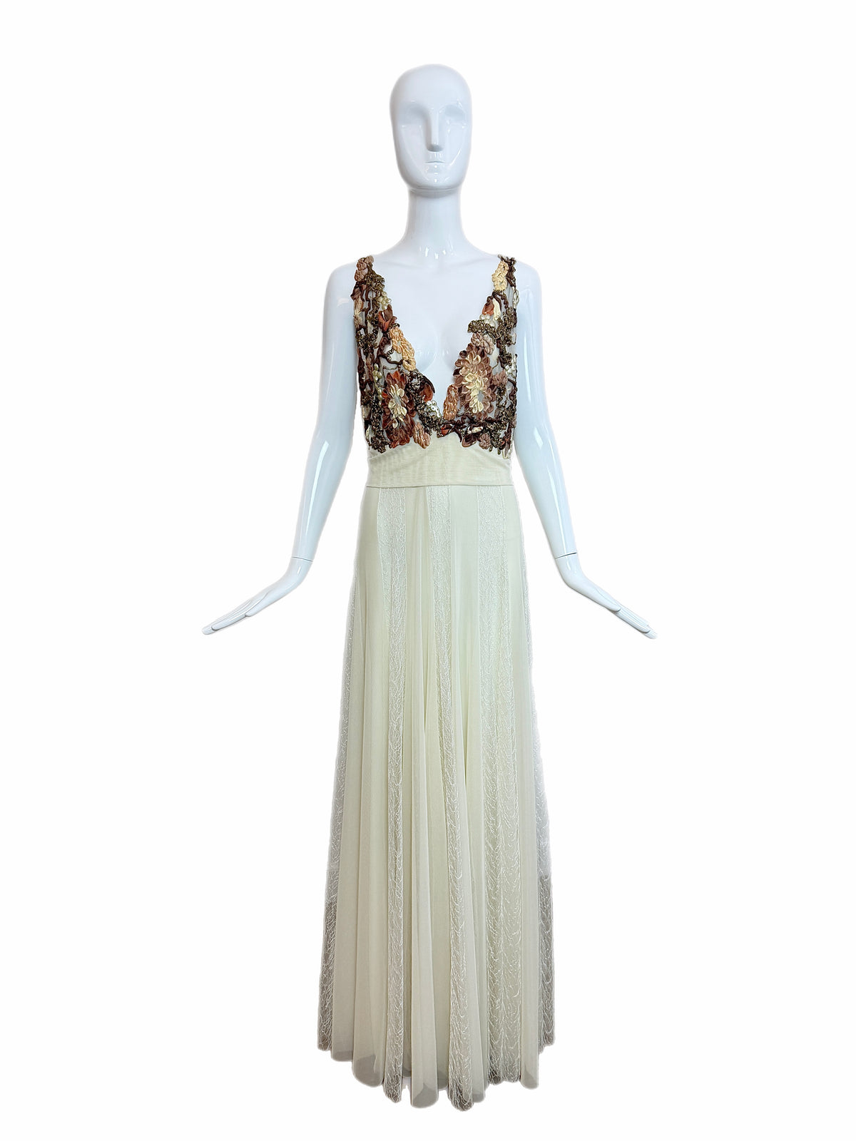 Ema Savahl Couture Hand Painted Ivory Pleated Lace Backless Gown