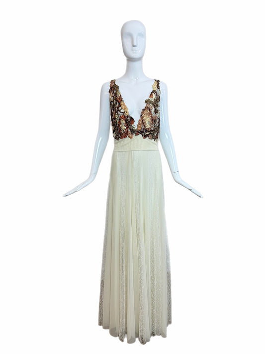 Ema Savahl Couture Hand Painted Ivory Pleated Lace Backless Gown