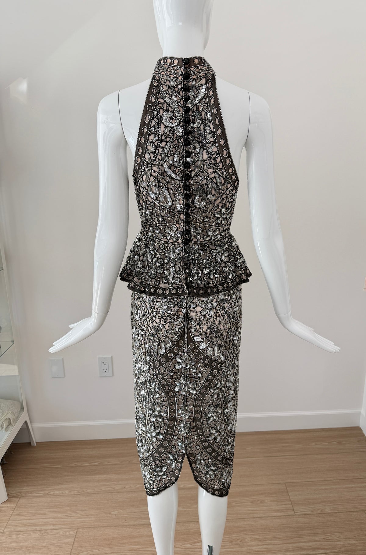 Eavis & Brown Vintage Hand-Beaded Silk Silver Embellished Skirt Set