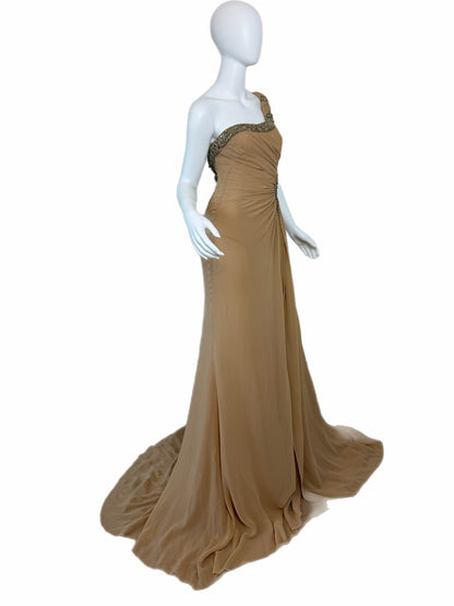 ROBERTO CAVALLI 2012 Silk Chiffon Tan Embellished Grecian Gown w. Slit
