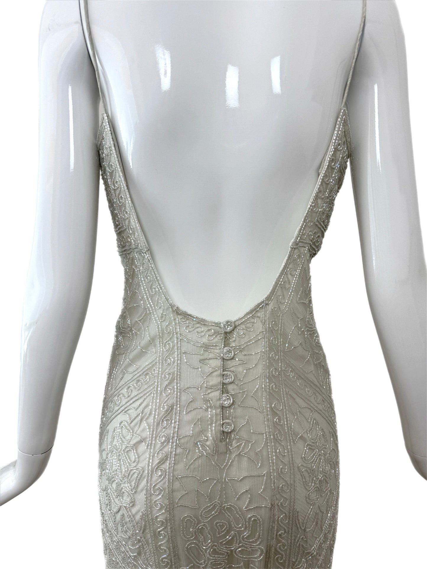 LES HABITUDES 90's Couture Vintage Grey/Blue Beaded Bridal Dress w. Shawl