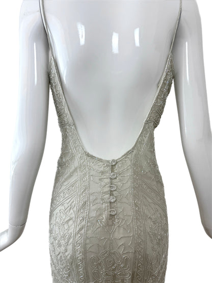 LES HABITUDES 90's Couture Vintage Grey/Blue Beaded Bridal Dress w. Shawl