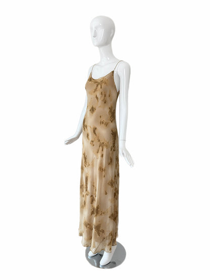 DONNA KARAN 90's Vintage Silk Marbled Wood Print Slip Gown
