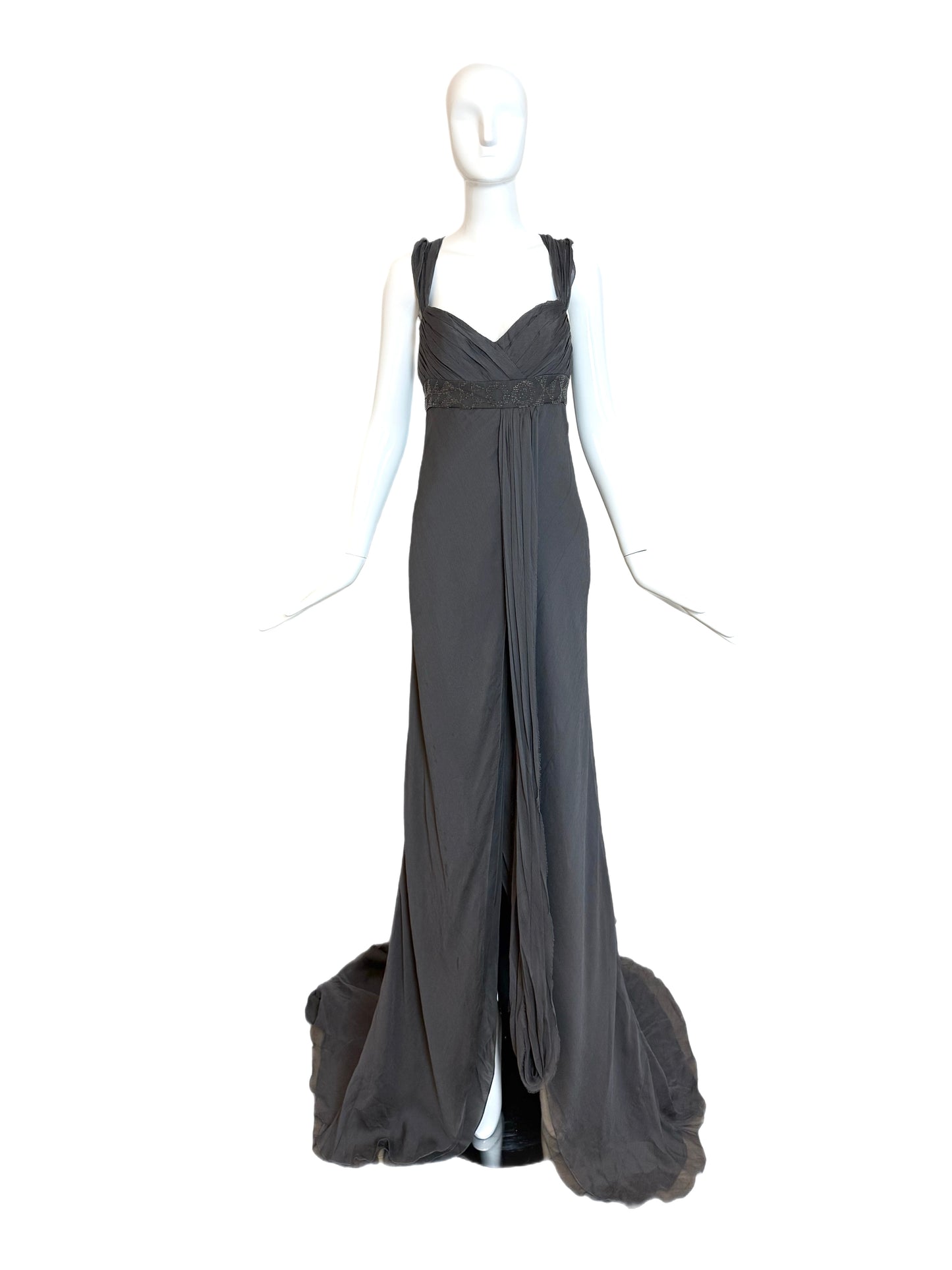 J. MENDEL Vintage Grey Silk Evening Gown w. Long Train