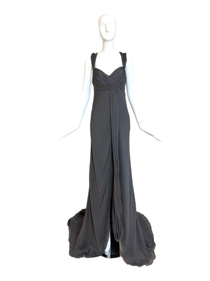 J. MENDEL Vintage Grey Silk Evening Gown w. Long Train