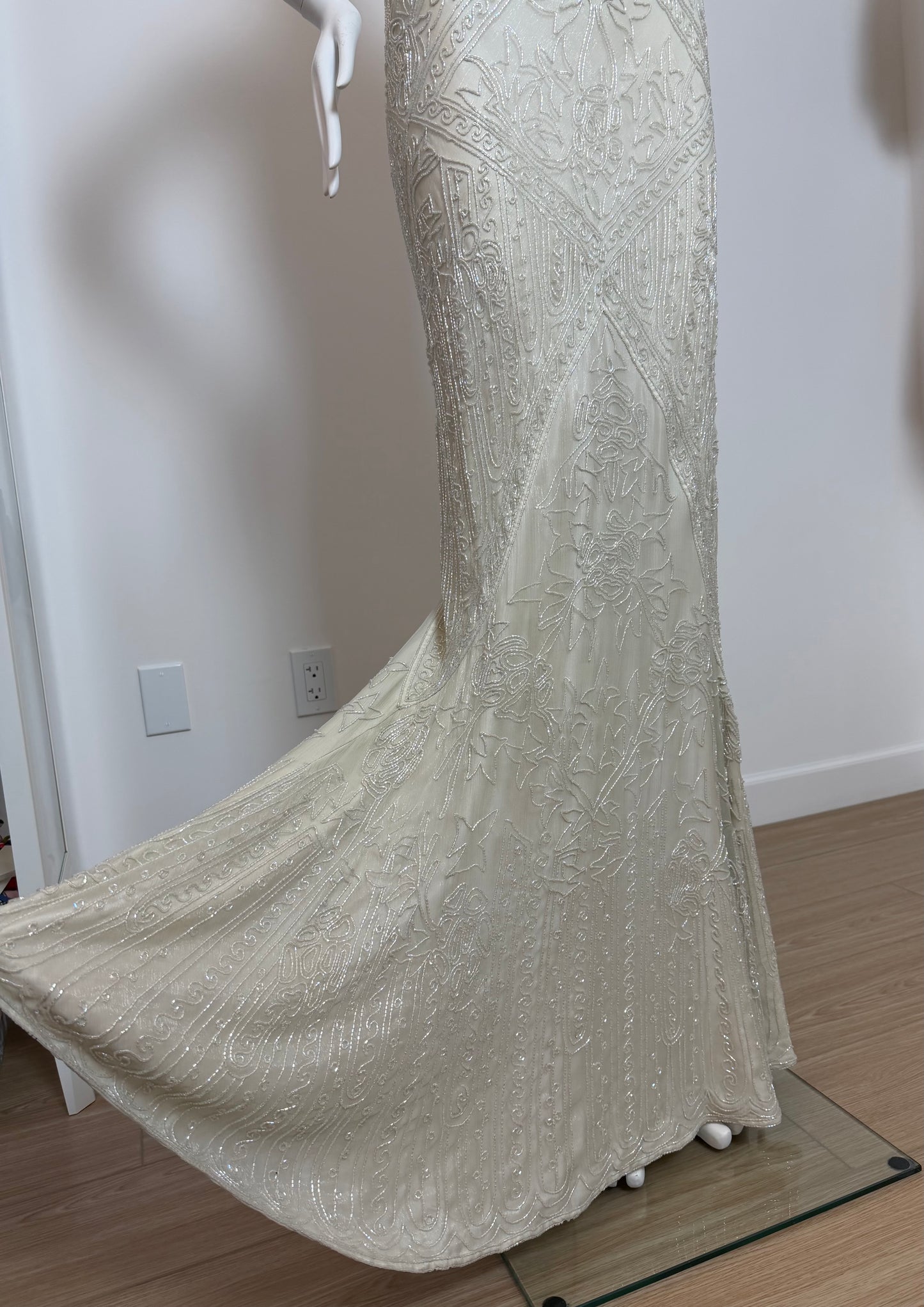 LES HABITUDES 90's Couture Vintage Iridescent Greige Silk Hand Beaded Bridal Gown